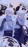  2boys absurdres bai_xiao bishounen black_gloves chinese_commentary closed_eyes gloves grey_hair highres lliwm male_focus mimizuku_(sky:_children_of_the_light) multiple_boys open_mouth pointy_hair ponytail siblings sky:_children_of_the_light twins white_hair yellow_eyes 