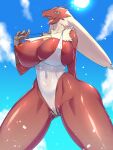  3:4 aaassstaro anthro areola big_breasts biped blaziken blue_eyes bodily_fluids breasts clothed clothing detailed_background female genitals hi_res nintendo nipples open_mouth pok&eacute;mon pok&eacute;mon_(species) pussy red_body saliva skimpy solo solo_focus swimwear translucent translucent_clothing video_games 