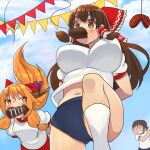  arms_behind_back bangs blue_buruma blue_sky blush bow breasts brown_eyes brown_hair brown_horns brownie_(food) buruma cloud commentary_request cookie_(touhou) day feet_out_of_frame food frilled_bow frilled_hair_tubes frills gym_uniform hair_bow hair_tubes hakurei_reimu horns ibuki_suika kanna_(cookie) large_breasts long_hair looking_at_another meat mo-fu mouth_hold navel open_mouth orange_eyes orange_hair outdoors racing red_bow running shirt short_hair sidelocks sky small_breasts squid streamers suzuki_(cookie) touhou white_shirt yamin_(cookie) 
