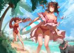  2girls :d ^_^ angelina_(arknights) angelina_(summer_flowers)_(arknights) animal_ears arknights banban_ban bangs bare_arms bare_shoulders barefoot bikini blue_sky blush breasts bridal_garter brown_hair chinese_commentary cleavage closed_eyes cloud coconut_tree collarbone commentary_request day eyjafjalla_(arknights) eyjafjalla_(summer_flowers)_(arknights) feet_out_of_frame gradient_hair highres holding holding_innertube holding_water_gun horns innertube long_hair multicolored_hair multiple_girls navel off-shoulder_bikini off_shoulder one-piece_swimsuit one_eye_closed open_mouth palm_tree pink_bikini pink_eyes pink_hair red_swimsuit sheep sheep_ears sheep_horns short_sleeves sky smile standing striped_innertube swimsuit thigh_strap thighs tree twintails water_gun 