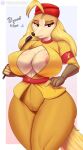  2022 anthro areola areola_slip big_breasts breasts canid canine canis cleavage clothed clothing cuphead_(game) dialogue domestic_dog english_text female fur hat headgear headwear hi_res huge_breasts hunting_dog mammal nexcoyotlgt pilot_saluki_(cuphead) riding_crop saluki sighthound simple_background smile solo tan_body tan_fur text video_games whip 