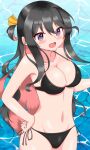  1girl bikini black_bikini black_hair breasts cleavage colored_inner_hair commentary_request cowboy_shot hand_on_hip highres itsuya_(hmizugucti) kantai_collection large_breasts long_hair multicolored_hair naganami_(kancolle) pink_hair purple_eyes side-tie_bikini solo swimsuit two-tone_hair water 