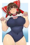  1girl bangs blush bow breasts brown_eyes brown_hair cleavage clothes_lift commentary_request cookie_(touhou) covered_navel cowboy_shot frilled_bow frilled_hair_tubes frills grey_swimsuit hair_bow hair_tubes hakurei_reimu kanna_(cookie) large_breasts lifted_by_self long_hair looking_at_viewer mo-fu open_mouth red_bow school_swimsuit shiny shiny_skin shirt shirt_lift sidelocks solo swimsuit touhou white_shirt 