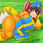  1girl bangs blush bodysuit bow breasts brown_eyes brown_hair commentary_request cookie_(touhou) cosplay cross dragon_quest dragon_quest_iii feet_out_of_frame frilled_bow frilled_hair_tubes frills gloves grass grin hair_between_eyes hair_bow hair_tubes hakurei_reimu hat kanna_(cookie) large_breasts long_hair looking_at_viewer lying mitre mo-fu on_ground on_side orange_bodysuit priest_(dq3) priest_(dq3)_(cosplay) red_bow sidelocks smile solo tabard touhou yellow_gloves 