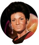  1960s_(style) 1girl absurdres black_hair dahkurart earrings highres jewelry nyota_uhura retro_artstyle science_fiction solo space star_(sky) star_trek starfleet_uniform 