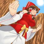  1girl bangs blue_sky bow breasts brown_eyes brown_hair cliff closed_mouth collared_shirt commentary_request cookie_(touhou) cowboy_shot day detached_sleeves frilled_bow frilled_hair_tubes frills hair_bow hair_tubes hakurei_reimu impossible_clothes impossible_shirt kanna_(cookie) large_breasts long_hair looking_at_viewer mo-fu outdoors red_bow red_shirt ribbon-trimmed_sleeves ribbon_trim shirt shorts sidelocks sky sleeveless sleeveless_shirt smile solo sun touhou white_shorts white_sleeves wide_sleeves yellow_bow 