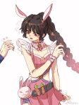  1girl angry animal_ears belt braid braided_ponytail brown_hair carrot collar detached_collar douluo_dalu dress frilled_collar frills highres looking_to_the_side pink_dress rabbit_ears sketch solo upper_body xiao_wu_(douluo_dalu) yaya_le_w 