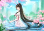  1girl absurdres back blue_sky brown_hair douluo_dalu dress expressionless from_behind grass highres huahua_de_mo_nian in_water looking_back mountain petals pink_dress second-party_source sky solo splashing upper_body vegetation water xiao_wu_(douluo_dalu) 