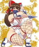  1girl bangs blue_footwear blush bow breasts brown_eyes brown_hair cleavage commentary_request cookie_(touhou) dual_wielding fishnet_thighhighs fishnet_top fishnets frilled_bow frilled_hair_tubes frills full_body hair_bow hair_tubes hakurei_reimu holding kanna_(cookie) kunai large_breasts long_hair looking_at_viewer mask mo-fu mouth_mask ninja ninja_mask one_knee pelvic_curtain red_bow sandals shiny shiny_skin sidelocks socks solo tabi thighhighs touhou weapon white_socks 