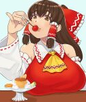  1girl ascot bangs blush bow breasts brown_eyes brown_hair cherry collared_shirt commentary_request cookie_(touhou) detached_sleeves food frilled_bow frilled_hair_tubes frilled_shirt_collar frills fruit hair_bow hair_tubes hakurei_reimu kanna_(cookie) large_breasts long_hair mo-fu pinky_out pudding red_bow red_shirt ribbon-trimmed_sleeves ribbon_trim shirt sidelocks sleeveless sleeveless_shirt solo touhou upper_body whipped_cream white_sleeves yellow_ascot 
