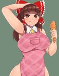  1girl apron armpits bangs blunt_bangs blush bow breasts brown_eyes brown_hair carrot closed_mouth commentary_request cookie_(touhou) cowboy_shot frilled_bow frilled_hair_tubes frills green_background hair_bow hair_tubes hakurei_reimu hand_on_own_head large_breasts long_hair looking_at_viewer mo-fu naked_apron necktie no_panties pink_apron red_bow rurima_(cookie) sidelocks simple_background smile solo touhou yellow_necktie 