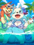  absurd_res animal_crossing anthro audie_(animal_crossing) biped blue_body blush bovid bra breasts canid canine canis caprine clothing detailed_background fangs female goat group hi_res kame_3 mammal nintendo orange_body pool_party shino_(animal_crossing) smile trio underwear video_games wolf 