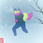  anthro blue_eyes bottomwear canid canine clothed clothing denim denim_clothing dipstick_tail fox fully_clothed fur green_body green_fur hat headgear headwear hi_res jacket jeans jooper luwis_miracle male mammal markings neck_tuft outside pants purple_body purple_fur snow solo tail_markings topwear tuft 