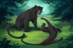  2020 bagheera_(jungle_book) detailed_background digital_media_(artwork) disney duo eye_contact eyelashes fangs felid female feral grass jungle looking_at_another lying male mammal on_side open_mouth outside pantherine pawpads paws plant raised_arm reallynxgirl smile smiling_at_each_other standing teeth the_jungle_book tree vines whiskers yellow_eyes 