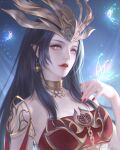  1girl black_hair bug butterfly cai_lin_(doupo_cangqiong) doupo_cangqiong dress earrings feng_shen_yao_tianshi glowing glowing_butterfly glowing_eyes hair_ornament highres jewelry long_hair looking_up pointy_ears red_dress red_nails slit_pupils solo teeth upper_body 