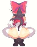  1girl ass ass_focus bare_shoulders black_hair bow brown_footwear butt_crack cat_tail detached_sleeves fidgeting from_behind full_body hair_bow hakurei_reimu highres inkerton-kun leotard long_hair red_bow simple_background skindentation spread_legs squatting tail thick_thighs thighhighs thighs tiptoes touhou white_background white_leotard white_thighhighs 