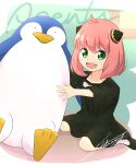  1girl :d absurdres ahoge anya_(spy_x_family) black_dress dress female_child full_body green_eyes hairpods highres l_library looking_at_viewer pink_hair seiza short_hair signature sitting smile solo spy_x_family stuffed_animal stuffed_penguin stuffed_toy 
