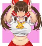 1girl ascot bangs blush bow breasts brown_eyes brown_hair bunching_hair closed_mouth commentary_request cookie_(touhou) cowboy_shot crop_top frilled_bow frilled_hair_tubes frills hair_bow hair_tubes hakurei_reimu kanna_(cookie) large_breasts long_hair looking_at_viewer midriff mo-fu navel pink_background pinky_out puffy_short_sleeves puffy_sleeves red_bow red_skirt shirt short_sleeves sidelocks skirt smile solo touhou two-tone_background white_background white_shirt yellow_ascot 