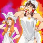  2girls after_bathing bangs blush breasts brown_eyes brown_hair cleavage commentary_request cookie_(touhou) cowboy_shot drinking frilled_hair_tubes frills hair_tubes hakurei_reimu hand_on_hip ibuki_suika kanna_(cookie) large_breasts long_hair looking_at_another mo-fu multiple_girls naked_towel sidelocks small_breasts touhou towel towel_on_head v-shaped_eyebrows yamin_(cookie) 