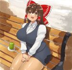  1girl bangs bench black_skirt black_vest blush bow breasts brown_eyes brown_hair collared_shirt commentary_request cookie_(touhou) cowboy_shot cup frilled_bow frilled_hair_tubes frills green_tea hair_bow hair_tubes hakurei_reimu kanna_(cookie) large_breasts long_hair looking_at_viewer mo-fu office_lady open_mouth own_hands_together pencil_skirt pink_nails red_bow shirt sidelocks sitting skirt smile solo tea thick_thighs thighs touhou vest white_shirt yunomi 