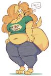  2022 absurd_res aimbot-jones amelia_steelheart anthro belly big_belly big_breasts big_butt blonde_hair blush bottomwear bottomwear_down breasts butt canid canine canis cleavage clothed clothing crop_top dialogue digital_media_(artwork) domestic_dog english_text eyelashes female fur hair hi_res huge_breasts huge_butt huge_thighs long_hair looking_at_viewer mammal navel overweight overweight_anthro overweight_female pants pants_down partially_clothed shirt solo speech_bubble talking_to_viewer text thick_thighs topwear yellow_body yellow_fur 