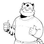  2022 anthro beverage bottomwear bubble_tea clothing cute_fangs felid hi_res humanoid_hands kemono male mammal overweight overweight_male pantherine pants shirt simple_background solo tiger topwear whitebeast20 