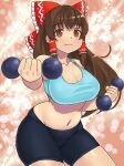  1girl bangs bike_shorts black_shorts blue_sports_bra blush bow breasts brown_eyes brown_hair cleavage closed_mouth commentary_request cookie_(touhou) cowboy_shot frilled_bow frilled_hair_tubes frills hair_bow hair_tubes hakurei_reimu kanna_(cookie) large_breasts long_hair looking_at_viewer midriff mo-fu navel red_bow shiny shiny_skin shorts sidelocks smile solo sports_bra star_(symbol) touhou weightlifting weights 