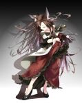  1girl animal_ears black_footwear brown_hair clothes_lift dress dress_lift full_body gorilla_(bun0615) gradient gradient_background high_heels highres imaizumi_kagerou lifted_by_self long_hair looking_at_viewer off-shoulder_dress off_shoulder red_dress red_eyes solo standing touhou two-tone_dress white_dress wolf_ears wolf_girl 