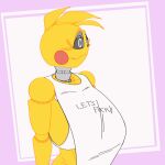  animated animatronic anthro avian big_breasts bird breasts canid canine canis chicken clothed clothing feathers female five_nights_at_freddy&#039;s five_nights_at_freddy&#039;s_2 fur galliform gallus_(genus) hi_res holding_breast johnnypescado machine mammal phasianid robot scottgames solo toy_chica_(fnaf) video_games 