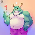  &lt;3 2022 4_fingers anthro antlers belly blue_background bottomwear bulge canid canine canis capreoline cervid claws clothing domestic_dog eyebrows fingers fur green_body green_fur hand_in_pocket hi_res horn hybrid lidded_eyes looking_at_viewer male mammal moobs multiversus musclegut muscular muscular_anthro muscular_male navel neck_tuft orange_background overweight overweight_anthro overweight_male pants pink_bottomwear pink_clothing pink_pants pockets reindeer reindog_(multiversus) rrobburr simple_background solo standing tuft 