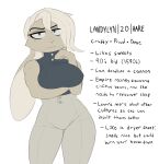  2022 anthro big_breasts biped blush blush_lines breasts cheek_tuft clothed clothing english_text facial_tuft female fur grey_eyes hair half-closed_eyes hi_res lagomorph landylyn_(yitexity) leporid looking_at_viewer mammal narrowed_eyes nipple_outline rabbit simple_background solo standing text tuft white_background white_body white_fur white_hair wide_hips yitexity 