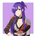  1girl armor artist_request asymmetrical_clothes bangs breasts cape choker cleavage closed_mouth earrings fire_emblem fire_emblem:_three_houses fire_emblem_warriors:_three_hopes hair_bun hair_over_one_eye highres jewelry large_breasts long_hair looking_at_viewer purple_eyes purple_hair shez_(fire_emblem) shez_(fire_emblem)_(female) simple_background single_hair_bun smile solo 