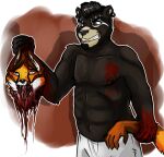  anthro black_body black_fur black_hair black_nose blood bodily_fluids brown_body brown_ears brown_fur brown_hair canid canine death decapitation duo fox front_view fur gloves_(marking) gore grin hair imperatorcaesar mammal markings nipple_piercing nipple_ring nipples orange_body orange_fur piercing red_tongue ring_piercing saliva saliva_string severed_head simple_background smile tongue tongue_out ursid white_body white_fur white_inner_ear 