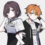  1boy 1girl angry back-to-back braid brown_eyes brown_hair closed_mouth facing_to_the_side hair_ribbon looking_at_another matching_outfit orange_eyes orange_hair project_sekai ribbon shinonome_akito shinonome_ena short_hair waka_(wk4444) 