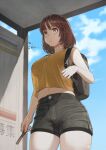  1girl absurdres backpack bag bare_shoulders black_bag black_shorts bob_cut brain_freeze breasts brown_eyes brown_hair commentary_request cowboy_shot denim denim_shorts full_mouth high-waist_shorts highres holding_strap jun_(seojh1029) large_breasts looking_ahead midriff navel original popsicle_stick see-through_silhouette shirt short_hair shorts sky solo sweat thick_thighs thighs weibo_logo weibo_username yellow_shirt 