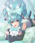  1girl :d absurdres bangs black_skirt black_sleeves blue_bow blue_eyes blue_hair bow cinnamiku cinnamoroll collared_shirt commentary_request crossed_legs crossover detached_sleeves frilled_pillow frilled_shirt frilled_shirt_collar frills grey_shirt hair_between_eyes hair_bow hatsune_miku highres juukyuuhyaku_(tsukuwo243) legs_up long_sleeves looking_at_viewer lying no_shoes on_stomach pillow pleated_skirt sanrio shirt skirt sleeveless sleeveless_shirt smile thighhighs twitter_username updo vocaloid wide_sleeves 