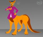 absurd_res agron_u anthro big_tail blue_eyes blue_nose brown_body brown_fur caitlin clothed clothing female fur grey_background hi_res humanoid jewelry kangaroo macropod mammal marsupial penetration purple_clothing simple_background solo taur taur_penetrating yellow_body 