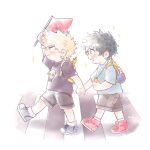 2boys aqistory backpack bag bakugou_katsuki black_shirt blonde_hair blue_footwear blue_shirt blush boku_no_hero_academia brown_shorts character_backpack child commentary_request flag freckles from_side full_body green_eyes green_hair highres holding holding_flag holding_hands looking_at_another male_child male_focus midoriya_izuku multiple_boys open_mouth print_shirt red_eyes red_footwear shirt shoes short_hair short_sleeves shorts simple_background skull_print smile sneakers sparkle spiked_hair standing walking white_background younger 
