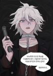  1boy bangs black_background black_jacket boleum_(dgrpluna) chain chained collar collarbone danganronpa_(series) danganronpa_another_episode:_ultra_despair_girls grey_eyes grey_hair gun hair_between_eyes highres holding holding_gun holding_weapon jacket komaeda_nagito long_sleeves looking_at_viewer male_focus metal_collar open_clothes open_jacket open_mouth servant_(danganronpa) shiny shiny_hair shirt short_hair solo speech_bubble teeth translation_request watermark weapon 