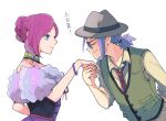  1boy 1girl atsumi_yoshioka bead_bracelet beads bracelet choker closed_mouth collared_shirt commentary_request from_side green_vest grey_headwear hand_up hat holding_hands james_(pokemon) jessie_(pokemon) jewelry necktie pants pokemon pokemon_(anime) purple_hair shirt short_ponytail smile sunglasses translation_request upper_body vest white_background 