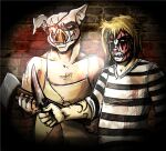  5_fingers anthro axe black_stripes blonde_hair blood bodily_fluids brick_wall clothing clown duo eye_patch eyewear fingers green_eyes grin hair holding_axe holding_knife holding_object human imperatorcaesar knife looking_at_viewer male mammal melee_weapon pattern_clothing pattern_topwear smile striped_clothing striped_topwear stripes suid suina tan_body tan_skin teeth topwear tusks wall_(structure) weapon white_stripes 