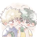  2boys aqistory bakugou_katsuki biting blonde_hair blue_shirt blush boku_no_hero_academia cheek_biting child eating food freckles green_eyes green_hair highres holding holding_food kashiwa_mochi_(food) leaf looking_at_another male_child male_focus midoriya_izuku mochi multiple_boys oak_leaf red_eyes shirt short_hair simple_background spiked_hair white_background yellow_shirt younger 