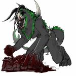  1:1 anthro back_tuft black_horn blood blood_on_hand bodily_fluids bone chest_tuft claws fangs fur gore green_body green_eyes green_fur green_tail grey_body grey_fur grey_tail guts horn imperatorcaesar male open_mouth organs shoulder_tuft skull skull_head solo tuft 