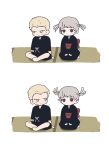  1boy 1girl alternate_costume bangs black_kimono blonde_hair blush_stickers braid child danganronpa_(series) danganronpa_2:_goodbye_despair gamhwa grey_background grey_hair hair_ribbon hair_up highres japanese_clothes kimono kneeling kuzuryuu_fuyuhiko looking_at_another obi pekoyama_peko ribbon sash short_hair simple_background sitting twin_braids white_ribbon younger 