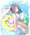  1girl back blue_eyes breasts closed_mouth duplicate flower full_body grey_hair hair_ornament hibiscus highres innertube looking_at_viewer medium_breasts pixel-perfect_duplicate ribbon rubber_duck senran_kagura smile swimsuit yaegashi_nan yumi_(senran_kagura) 