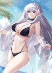  1girl absurdres azur_lane bangs bare_shoulders belfast_(azur_lane) bikini black_bikini black_choker blue_eyes blue_sky braid breasts choker cloud commentary cowboy_shot day french_braid groin highres large_breasts long_hair looking_at_viewer navel off_shoulder outdoors sky smile solo standing stomach swimsuit thighs very_long_hair white_hair yan_lie 