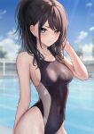  1girl bare_arms bare_shoulders black_hair black_swimsuit blue_eyes blurry blurry_background breasts competition_swimsuit day depth_of_field hand_up highleg highleg_swimsuit highres idolmaster idolmaster_shiny_colors kazano_hiori long_hair looking_at_viewer marinesnow medium_breasts mole mole_under_mouth non-web_source one-piece_swimsuit outdoors ponytail sidelocks smile solo sunlight swimsuit thighs upper_body wet wet_clothes wet_swimsuit 