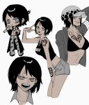  1girl angry artist_request black_hair bra breasts chibi earrings eleven_supernova genderswap genderswap_(mtf) grey_eyes hat highres jewelry looking_at_viewer one_piece shirt short_hair shorts smile solo sword tattoo trafalgar_law underwear weapon 