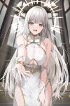  1girl absurdres blush breasts brooch church clothing_cutout dress grey_eyes grey_hair halo highres huge_breasts jewelry lillly long_hair off_shoulder open_mouth original outstretched_arm side_slit smile underboob_cutout very_long_hair white_dress 