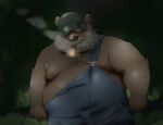  2022 anthro beard belly big_belly brown_body clothing facial_hair hat headgear headwear hi_res humanoid_hands kemono male mammal mature_male moobs mustache night nipples outside overalls overweight overweight_male plant smoking solo tree ursid yanununununu 